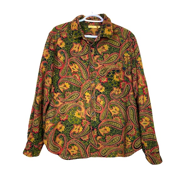 Vintage Tops - Vintage 90s Corduroy Paisley Buttons Down Shirt 100% Cotton Relaxed Fit Green XL